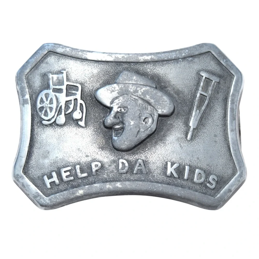 Vintage 1960s Jimmy Durante Help Da Kids Pewter Belt Buckle Ragis Fabrication